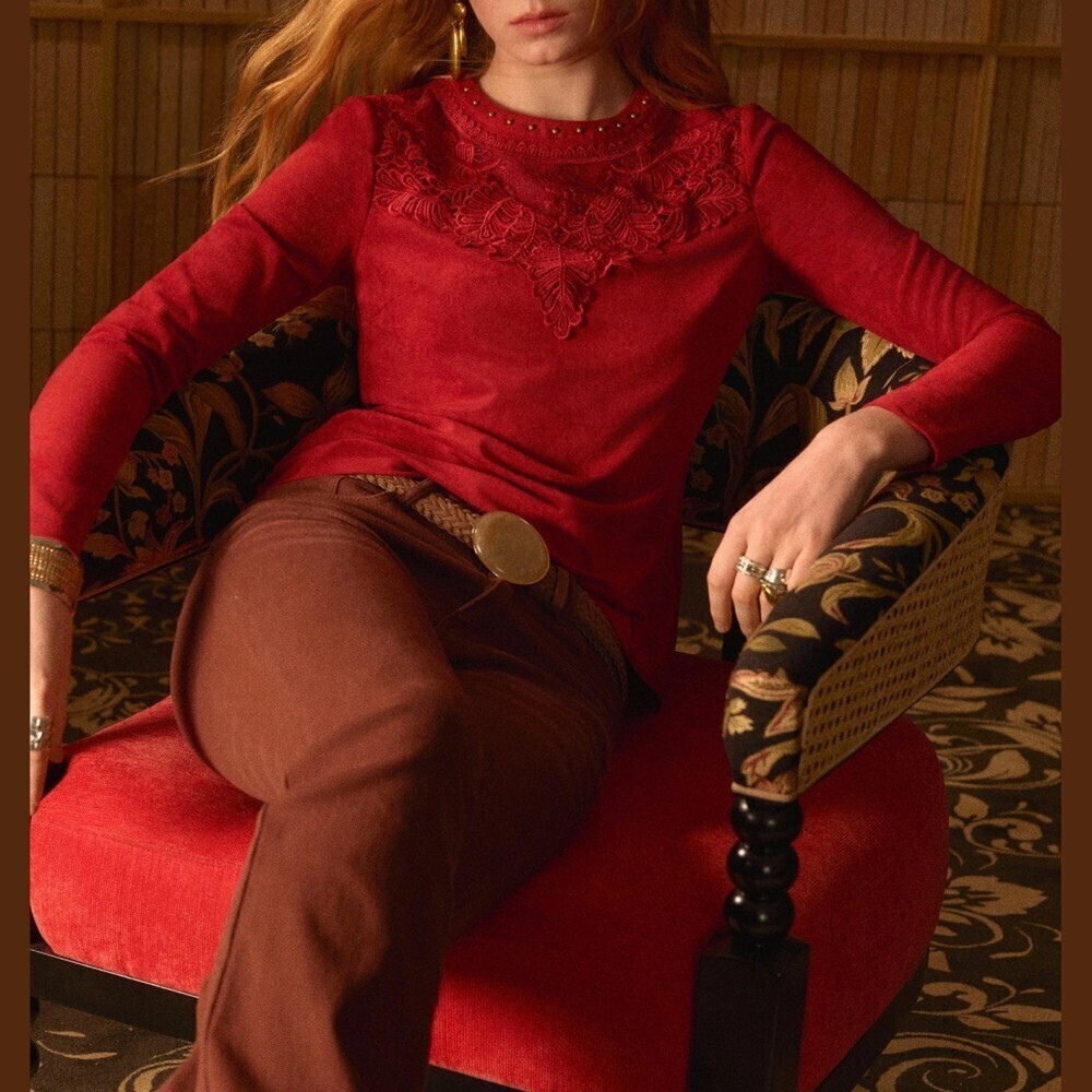 Red Lace Yoke Trim Round Neck Long Sleeve Top